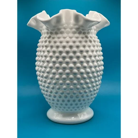 Vintage Fenton White Hobnail Milk Glass Double Crimped Vase 8" tall - Picture 5 of 5